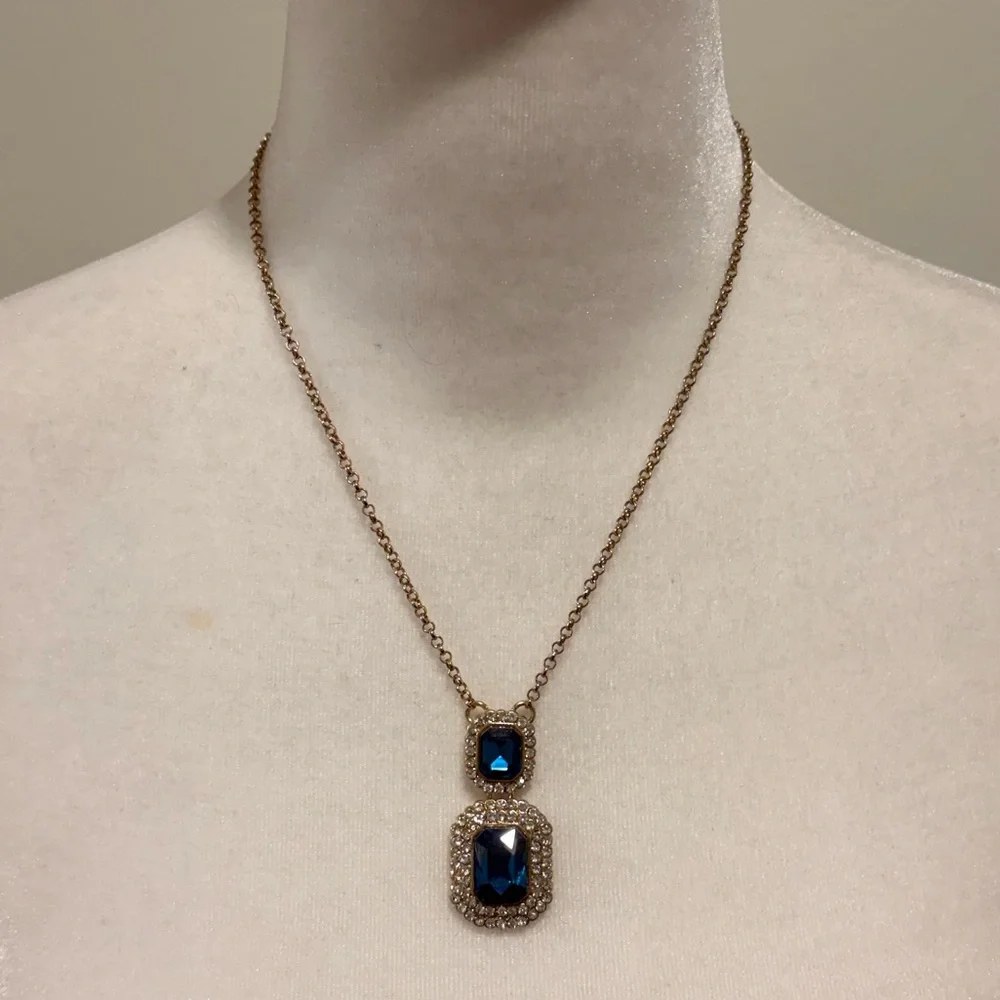 Monet JcPenney Bauble Bar Blue and Gold Rhinestone Necklace